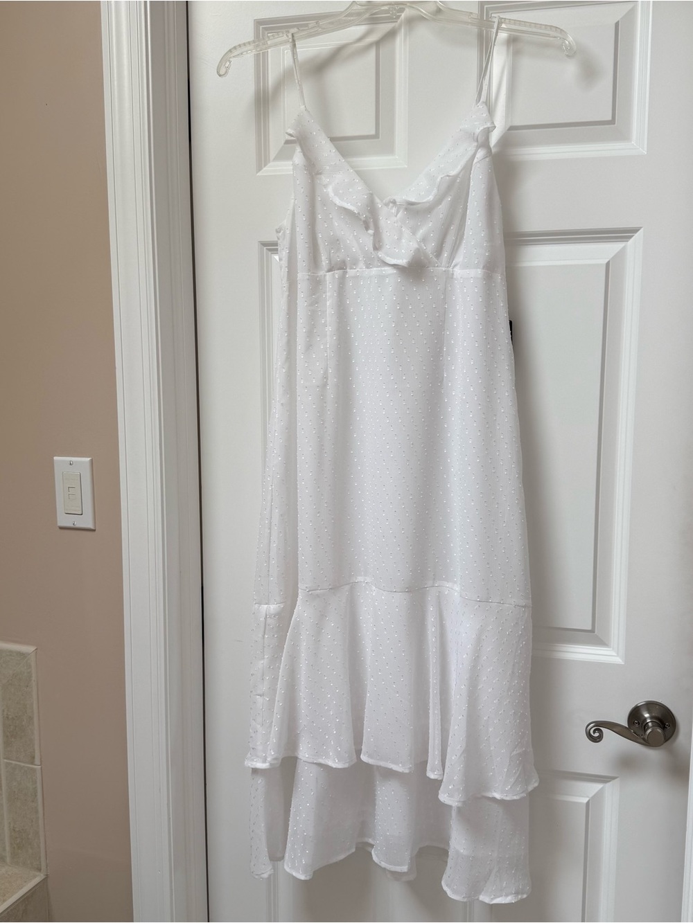 Express white swiss-dot ruffle-tier midi dress